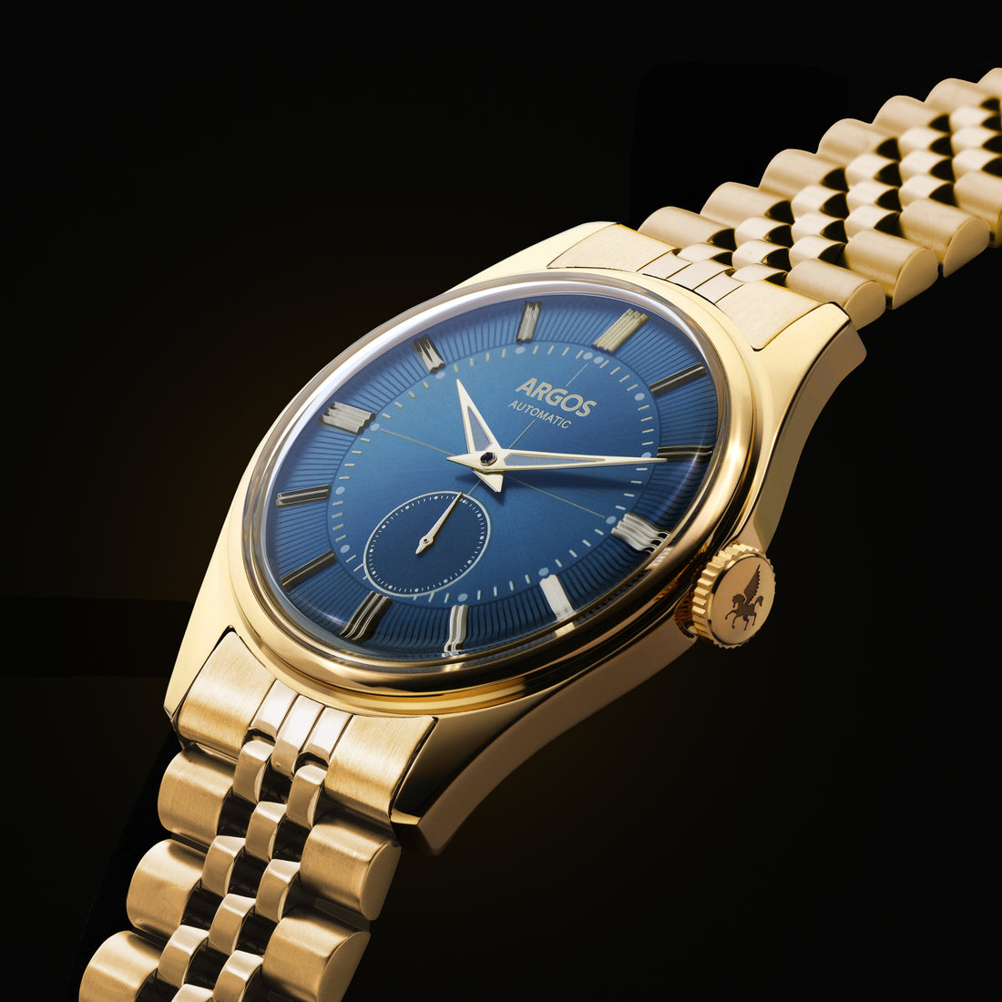 Apollo III – Constellation Blue Gold, an elegant gold and blue watches for men design with a deep blue dial and gold bracelet.
