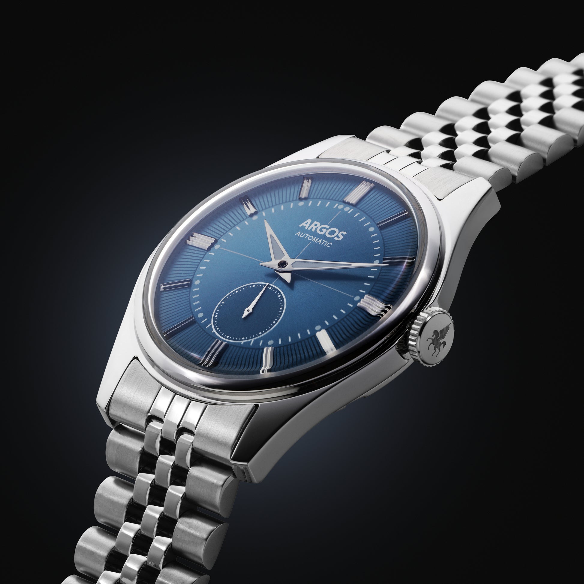 A sleek silver and blue watch mens with a rich blue dial and a silver bracelet featuring a five-row link chain.