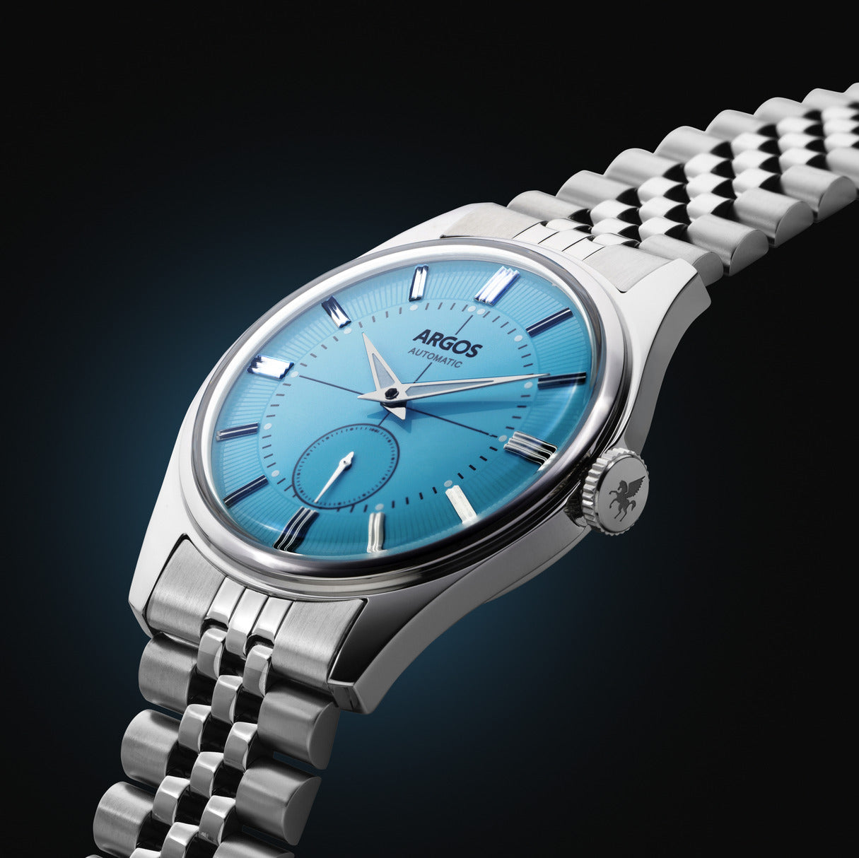 light blue dial watch crafted in polished silver, the Apollo III – Ice Blue Silver delivers clean elegance with a modern automatic movement.