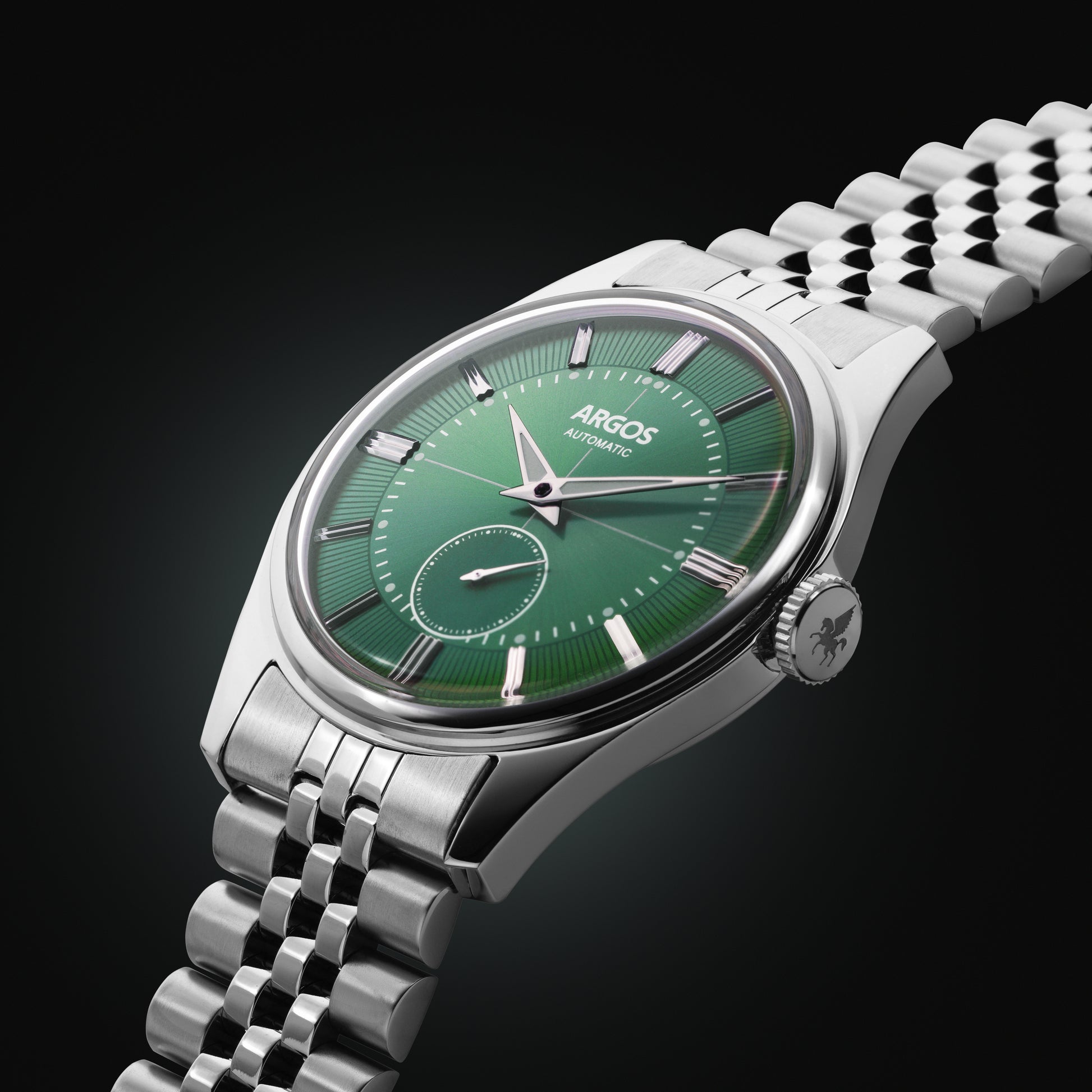 A refined silver watch with green dial, balancing modern elegance with everyday versatility.