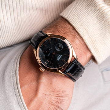 OLYMPUS - Piano Black Rose Gold w/ Leather Strap