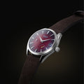 Carmine red dial mens leather strap watches silver case